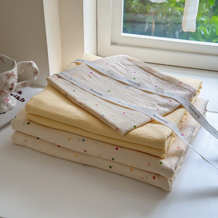 91家纺网 家纺一手货源 找家纺  （提供买家秀 爆款花型 不断货）2025新款超柔A类云感棉木棉双层纱四件套 波点世界