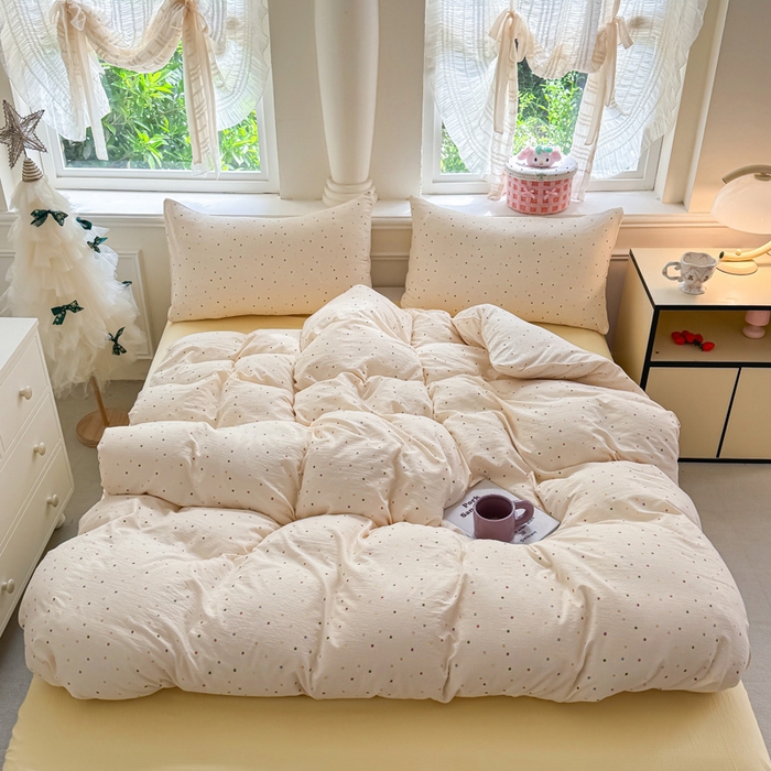 91家纺网 家纺一手货源 找家纺  （提供买家秀 爆款花型 不断货）2025新款超柔A类云感棉木棉双层纱四件套 波点世界