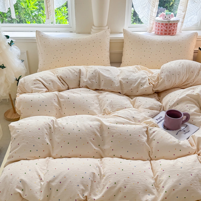 91家纺网 家纺一手货源 找家纺  （提供买家秀 爆款花型 不断货）2025新款超柔A类云感棉木棉双层纱四件套 波点世界