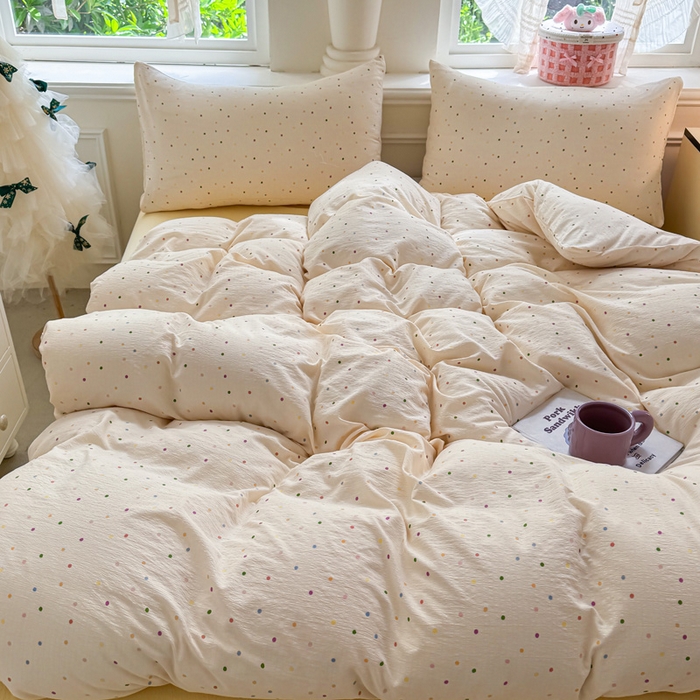 91家纺网 家纺一手货源 找家纺  （提供买家秀 爆款花型 不断货）2025新款超柔A类云感棉木棉双层纱四件套 波点世界