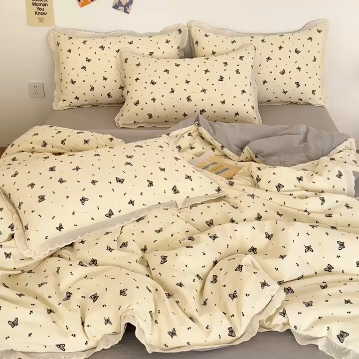 91家纺网 家纺一手货源 找家纺 斯卡诺家纺 2025新款纯棉花边双层纱四件套水洗棉四件套