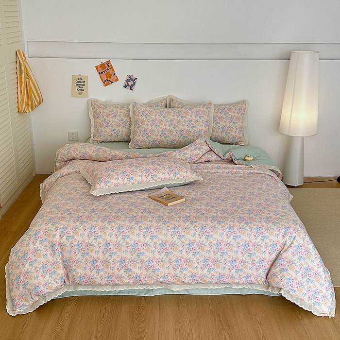 91家纺网 家纺一手货源 找家纺 斯卡诺家纺 2025新款纯棉花边双层纱夏被四件套水洗棉夏被四件套