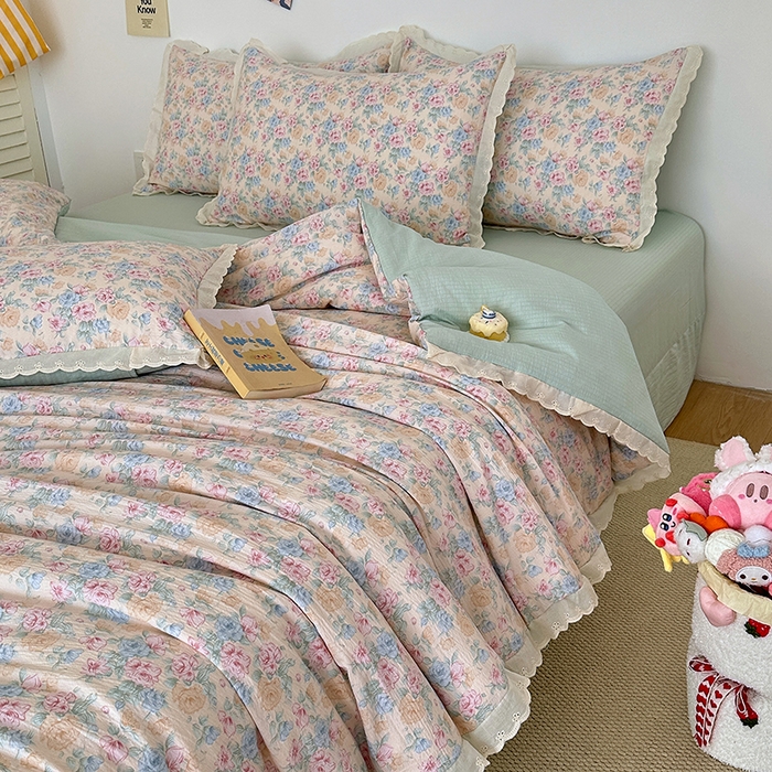 91家纺网 家纺一手货源 找家纺 斯卡诺家纺 2025新款纯棉花边双层纱夏被四件套水洗棉夏被四件套