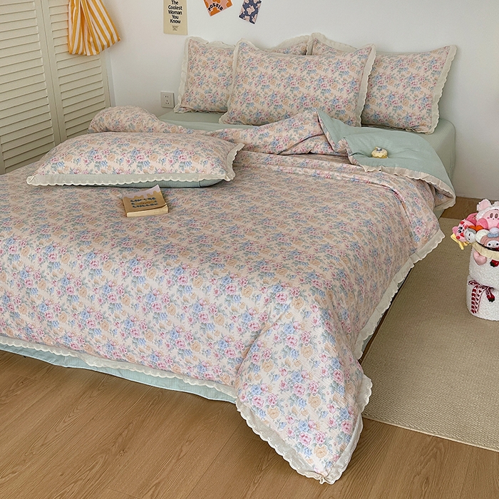 91家纺网 家纺一手货源 找家纺 斯卡诺家纺 2025新款纯棉花边双层纱夏被四件套水洗棉夏被四件套