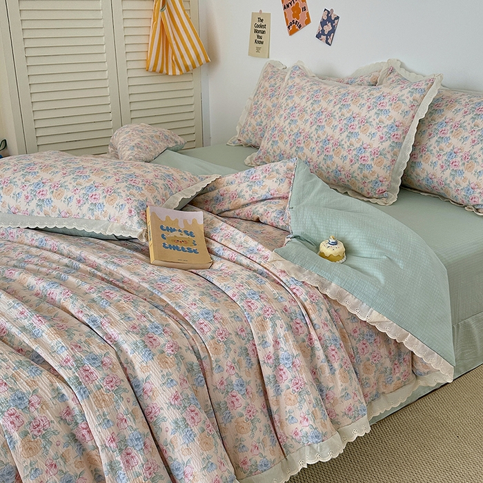 91家纺网 家纺一手货源 找家纺 斯卡诺家纺 2025新款纯棉花边双层纱夏被四件套水洗棉夏被四件套