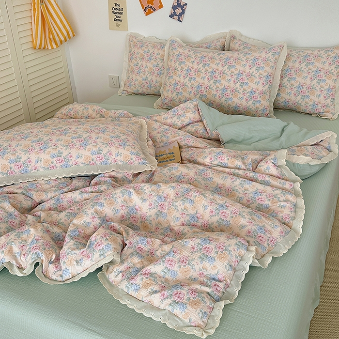 91家纺网 家纺一手货源 找家纺 斯卡诺家纺 2025新款纯棉花边双层纱夏被四件套水洗棉夏被四件套