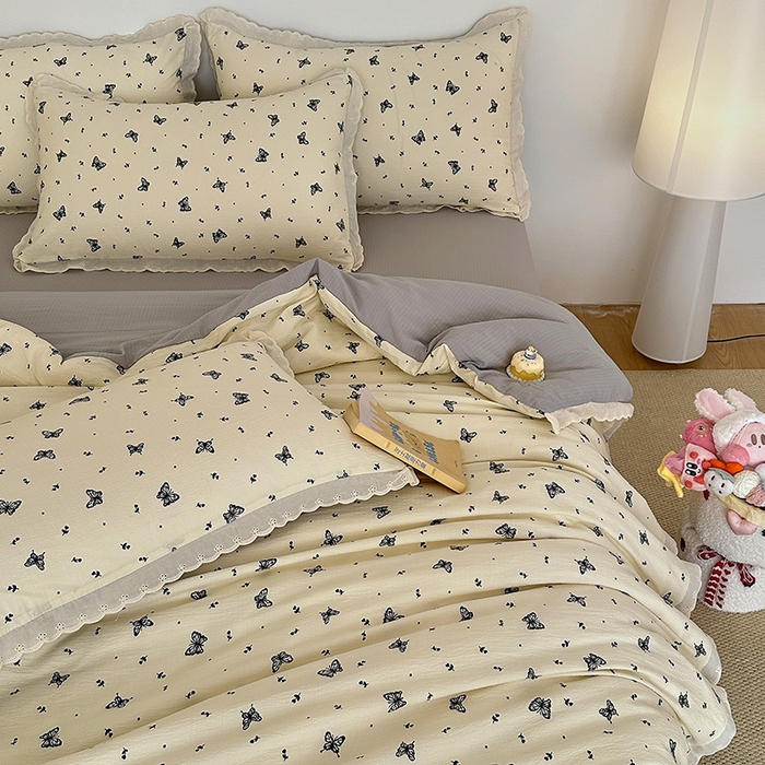 91家纺网 家纺一手货源 找家纺 斯卡诺家纺 2025新款纯棉花边双层纱夏被四件套水洗棉夏被四件套