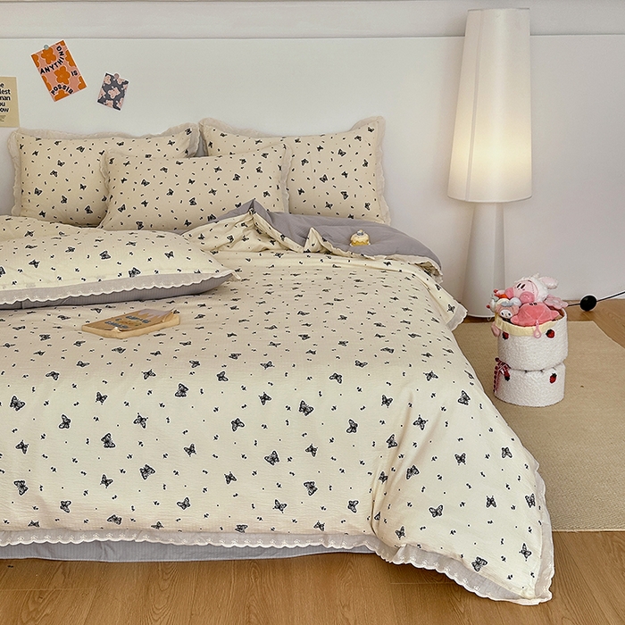 91家纺网 家纺一手货源 找家纺 斯卡诺家纺 2025新款纯棉花边双层纱夏被四件套水洗棉夏被四件套