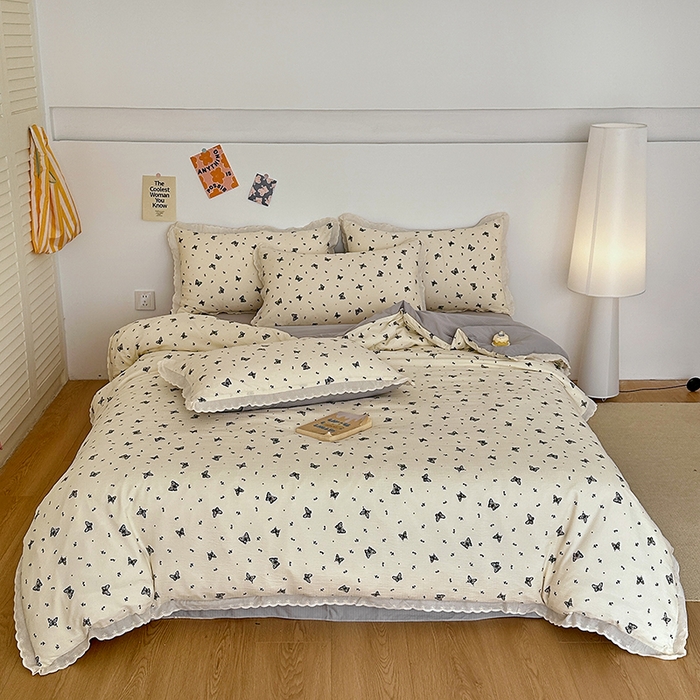 91家纺网 家纺一手货源 找家纺 斯卡诺家纺 2025新款纯棉花边双层纱夏被四件套水洗棉夏被四件套