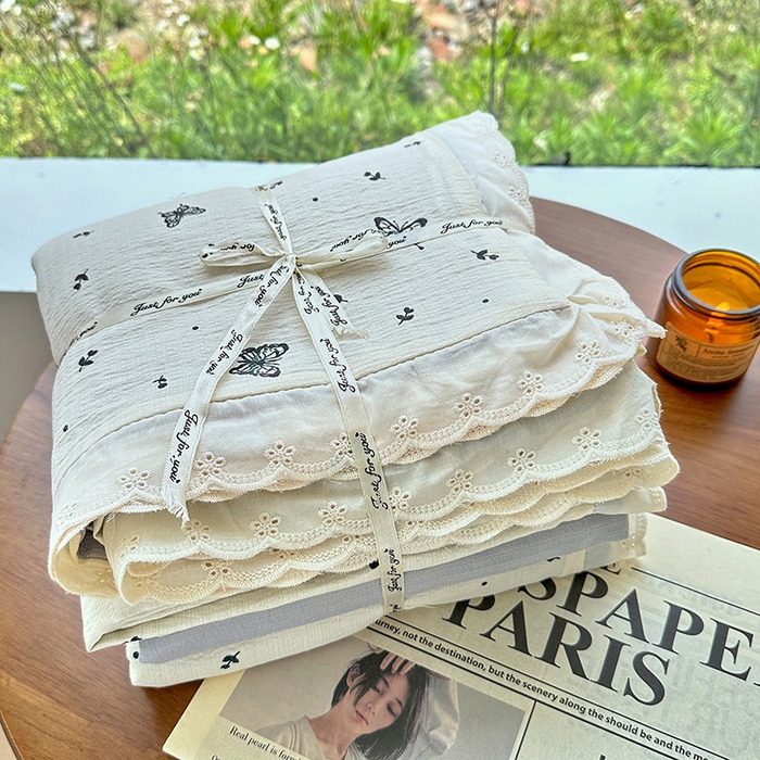 91家纺网 家纺一手货源 找家纺 斯卡诺家纺 2025新款纯棉花边双层纱夏被四件套水洗棉夏被四件套