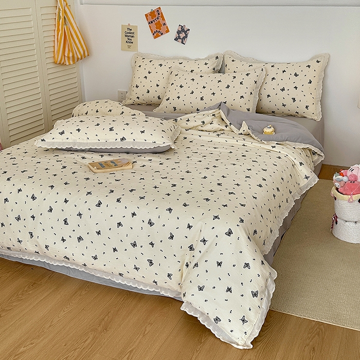 91家纺网 家纺一手货源 找家纺 斯卡诺家纺 2025新款纯棉花边双层纱夏被四件套水洗棉夏被四件套