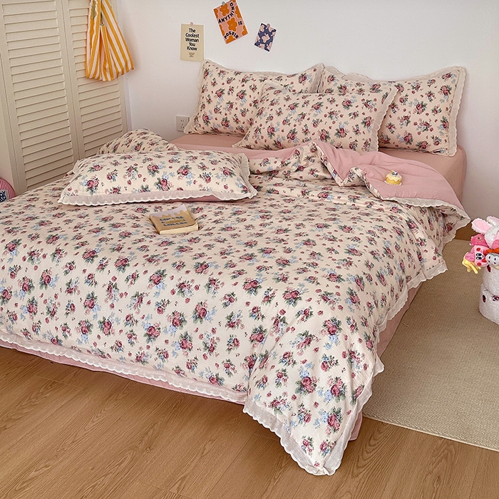 91家纺网 家纺一手货源 找家纺 斯卡诺家纺 2025新款纯棉花边双层纱夏被四件套水洗棉夏被四件套