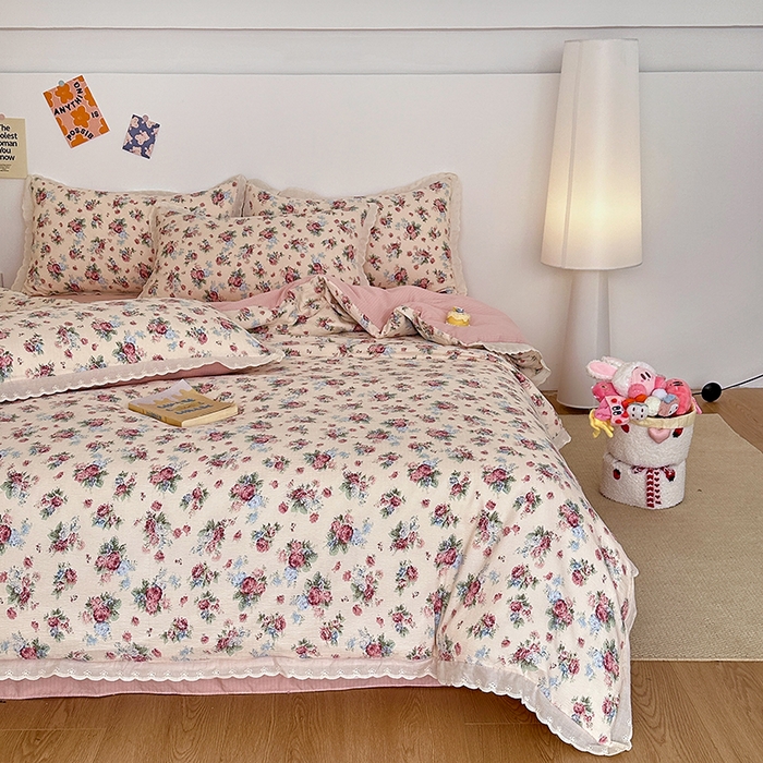 91家纺网 家纺一手货源 找家纺 斯卡诺家纺 2025新款纯棉花边双层纱夏被四件套水洗棉夏被四件套