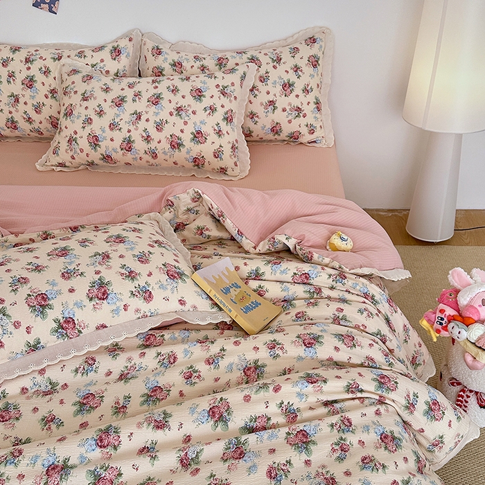 91家纺网 家纺一手货源 找家纺 斯卡诺家纺 2025新款纯棉花边双层纱夏被四件套水洗棉夏被四件套