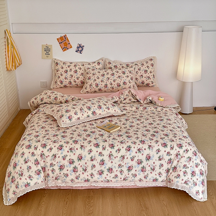 91家纺网 家纺一手货源 找家纺 斯卡诺家纺 2025新款纯棉花边双层纱夏被四件套水洗棉夏被四件套