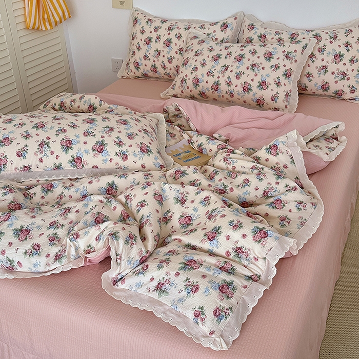 91家纺网 家纺一手货源 找家纺 斯卡诺家纺 2025新款纯棉花边双层纱夏被四件套水洗棉夏被四件套