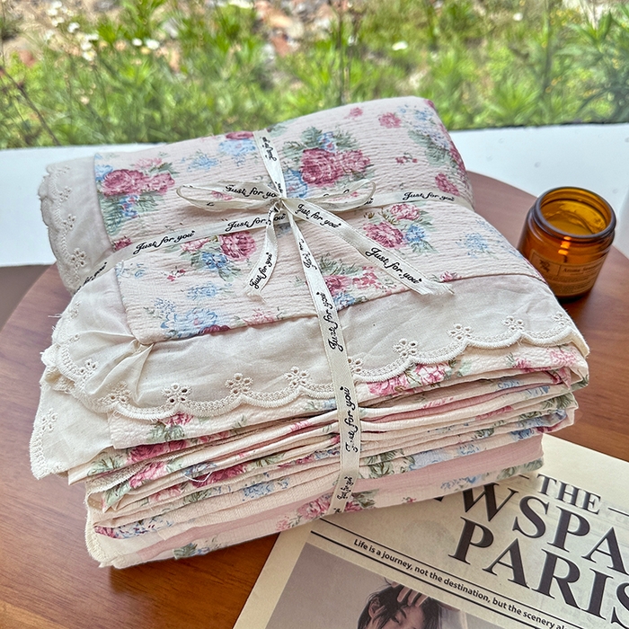 91家纺网 家纺一手货源 找家纺 斯卡诺家纺 2025新款纯棉花边双层纱夏被四件套水洗棉夏被四件套