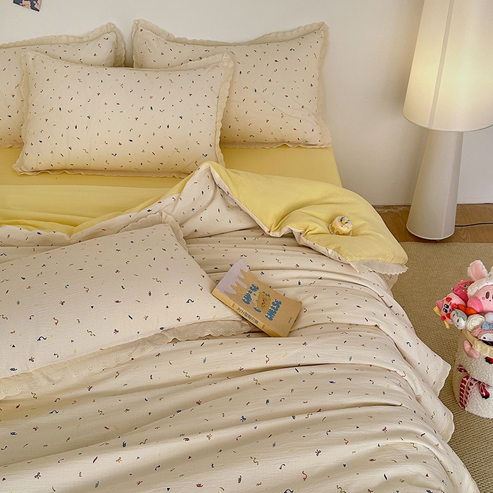 91家纺网 家纺一手货源 找家纺 斯卡诺家纺 2025新款纯棉花边双层纱夏被四件套水洗棉夏被四件套