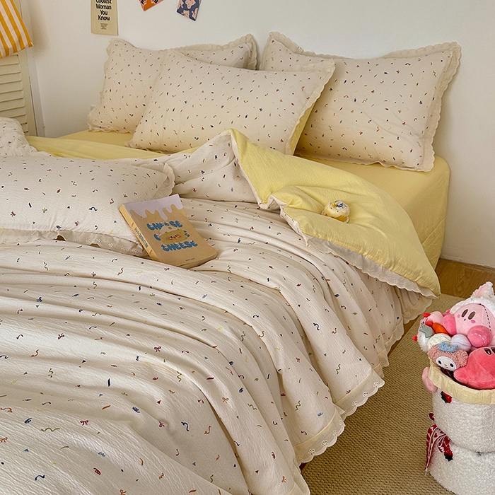 91家纺网 家纺一手货源 找家纺 斯卡诺家纺 2025新款纯棉花边双层纱夏被四件套水洗棉夏被四件套