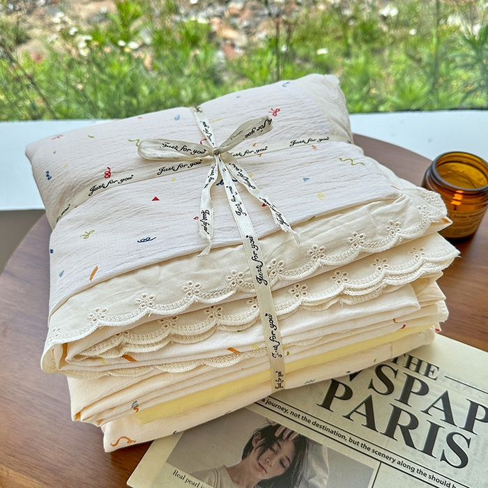 91家纺网 家纺一手货源 找家纺 斯卡诺家纺 2025新款纯棉花边双层纱夏被四件套水洗棉夏被四件套