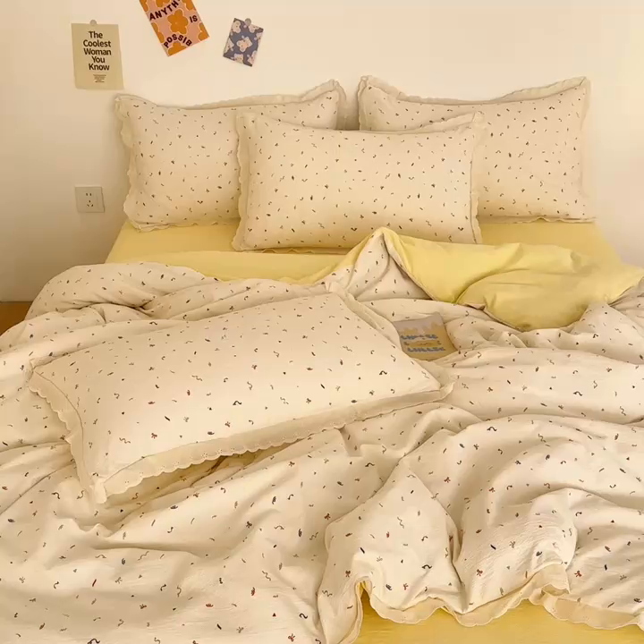 91家纺网 家纺一手货源 找家纺 斯卡诺家纺 2025新款纯棉花边双层纱夏被四件套水洗棉夏被四件套
