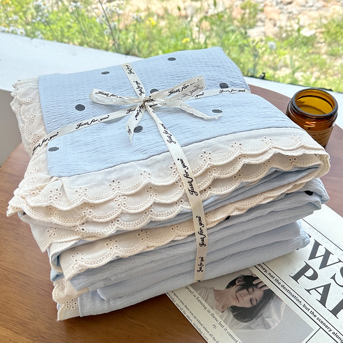 91家纺网 家纺一手货源 找家纺 （总）斯卡诺家纺 2025斯卡诺新款镂空全棉花边水洗棉四件套皱皱棉双层纱四件套