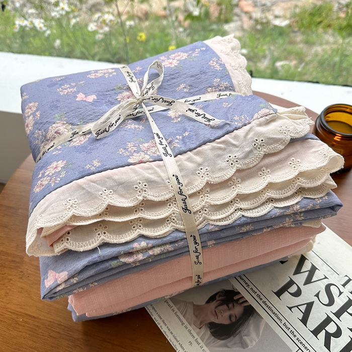 91家纺网 家纺一手货源 找家纺 （总）斯卡诺家纺 2025斯卡诺新款镂空全棉花边水洗棉四件套皱皱棉双层纱四件套