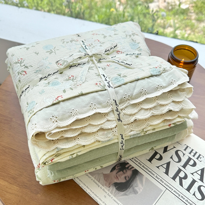 91家纺网 家纺一手货源 找家纺 （总）斯卡诺家纺 2025斯卡诺新款镂空全棉花边水洗棉四件套皱皱棉双层纱四件套