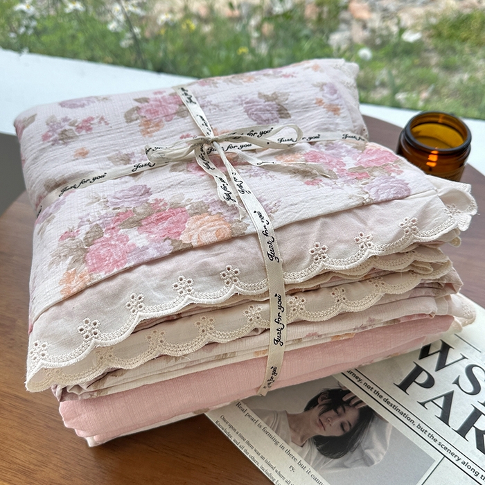 91家纺网 家纺一手货源 找家纺 （总）斯卡诺家纺 2025斯卡诺新款镂空全棉花边水洗棉四件套皱皱棉双层纱四件套