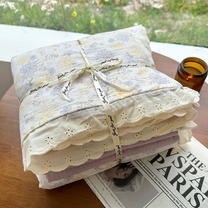 91家纺网 家纺一手货源 找家纺 （总）斯卡诺家纺 2025斯卡诺新款镂空全棉花边水洗棉四件套皱皱棉双层纱四件套