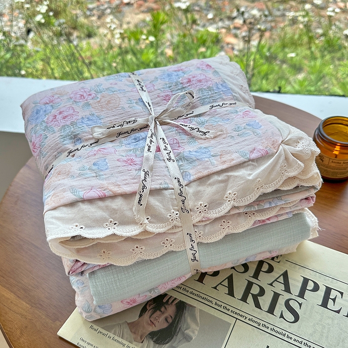 91家纺网 家纺一手货源 找家纺 （总）斯卡诺家纺 2025斯卡诺新款镂空全棉花边水洗棉四件套皱皱棉双层纱四件套