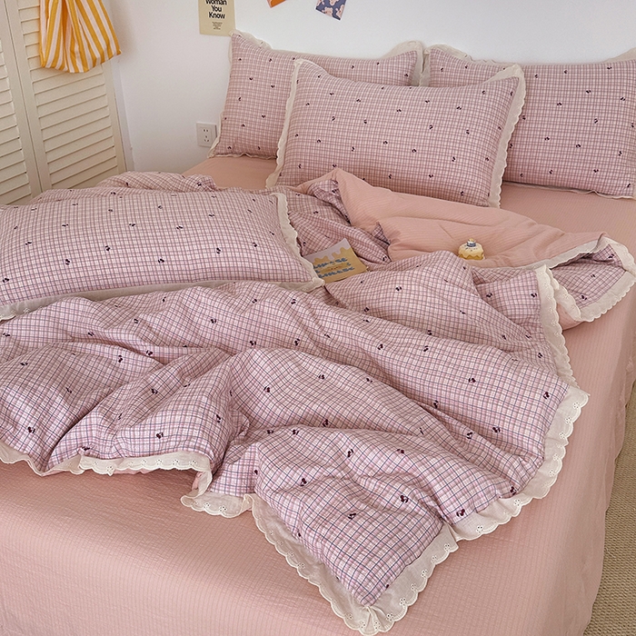 91家纺网 家纺一手货源 找家纺 （总）斯卡诺家纺 2025斯卡诺新款镂空全棉花边水洗棉四件套皱皱棉双层纱四件套