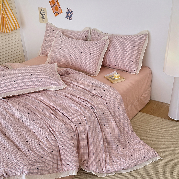 91家纺网 家纺一手货源 找家纺 （总）斯卡诺家纺 2025斯卡诺新款镂空全棉花边水洗棉四件套皱皱棉双层纱四件套