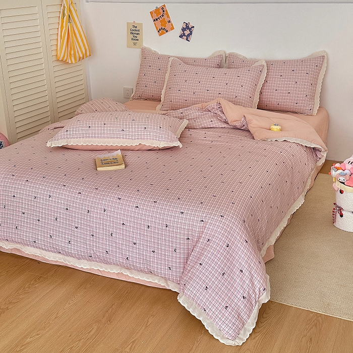 91家纺网 家纺一手货源 找家纺 （总）斯卡诺家纺 2025斯卡诺新款镂空全棉花边水洗棉四件套皱皱棉双层纱四件套