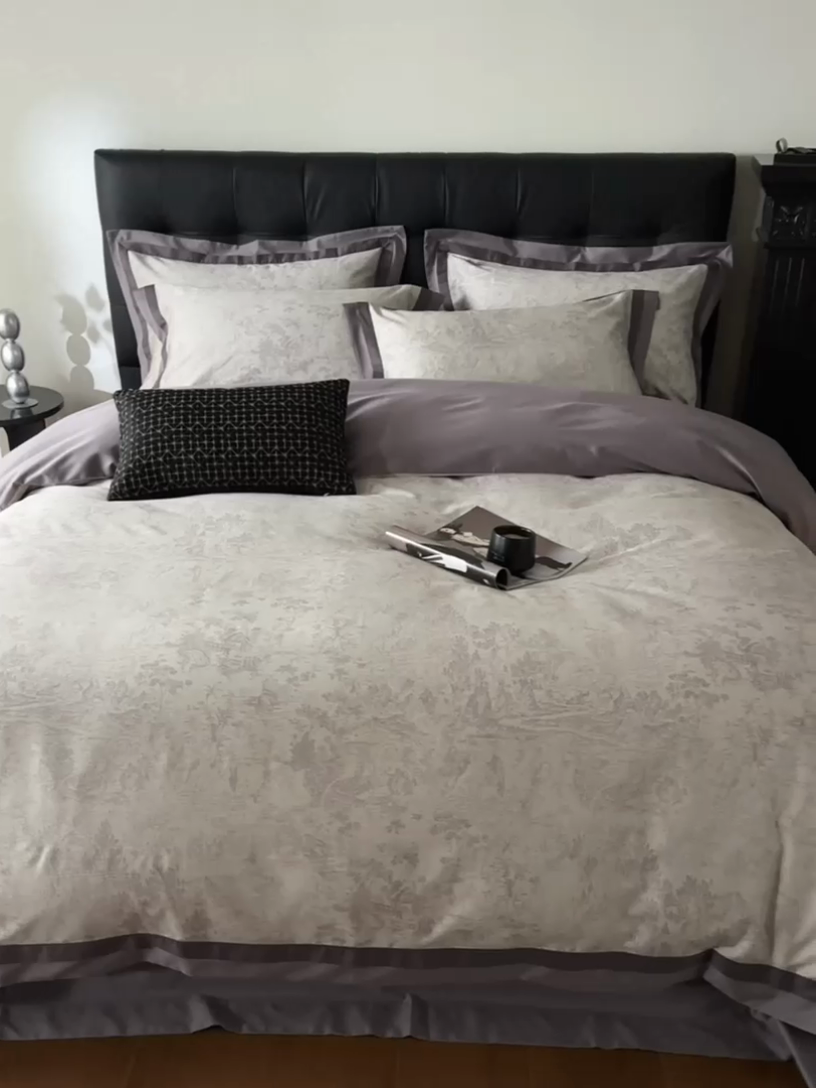 91家纺网 家纺一手货源 找家纺 由丽家纺 2025新款数码印花双层边拼角活性数码印花四件套（控价券后399起） 浮世-灰