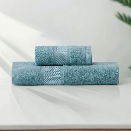 91家纺网 家纺一手货源 找家纺 2025新款蜂巢格纯棉毛巾浴巾两件套外贸跨境产品加厚全棉长绒棉毛巾浴巾套装 蜂巢格毛巾浴巾套装-天蓝