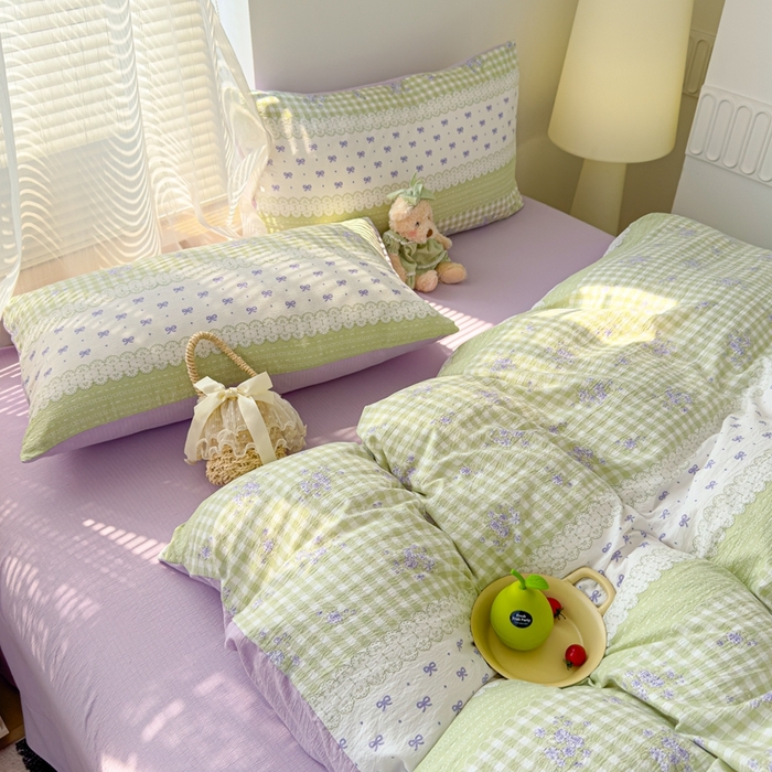 91家纺网 家纺一手货源 找家纺 竹合家纺 2025新品云感皱皱四件套跑量款小清新四件套 梦境-绿