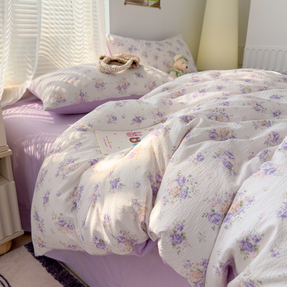 91家纺网 家纺一手货源 找家纺 竹合家纺 2025新品云感皱皱四件套跑量款小清新四件套 紫苏