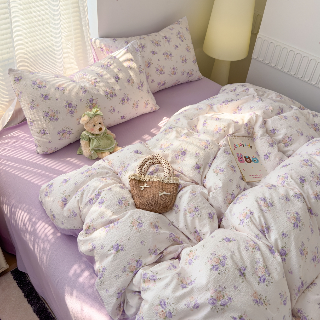 91家纺网 家纺一手货源 找家纺 竹合家纺 2025新品云感皱皱四件套跑量款小清新四件套 紫苏