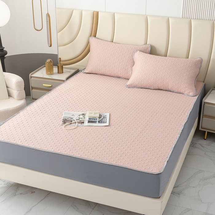 91家纺网 家纺一手货源 找家纺 乐居家纺 2025新款中分子PE凉感凉豆豆提花凉席床笠款 玉色爱心