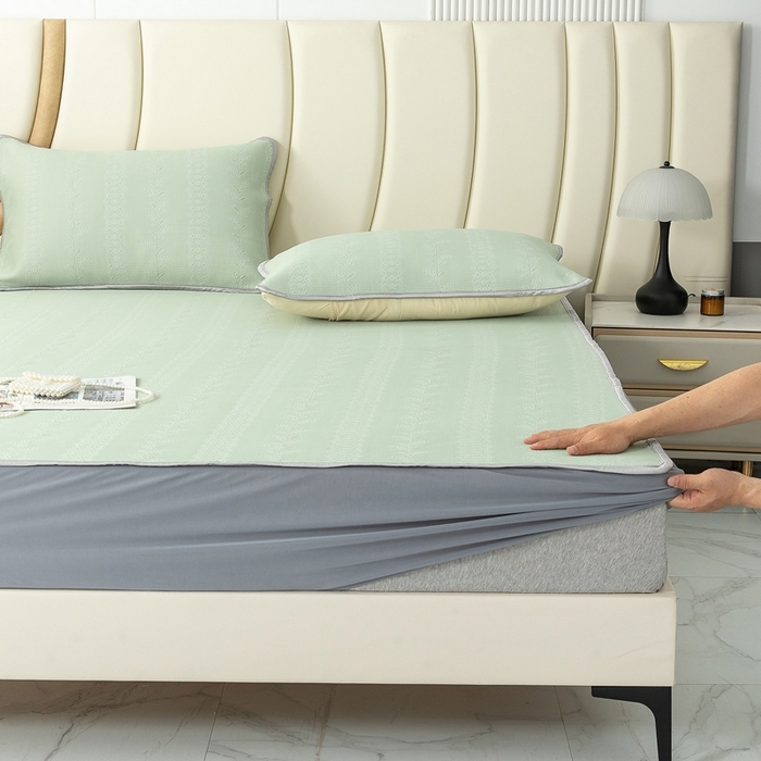 91家纺网 家纺一手货源 找家纺 乐居家纺 2025新款中分子PE凉感凉豆豆提花凉席床笠款 绿色-异形线条