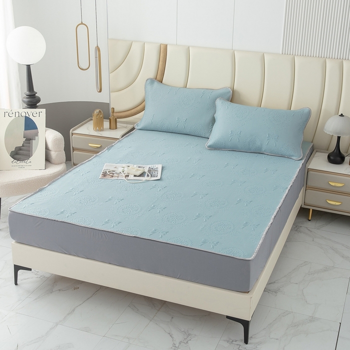 91家纺网 家纺一手货源 找家纺 乐居家纺 2025新款中分子PE凉感凉豆豆提花凉席床笠款 蓝色蝴蝶结