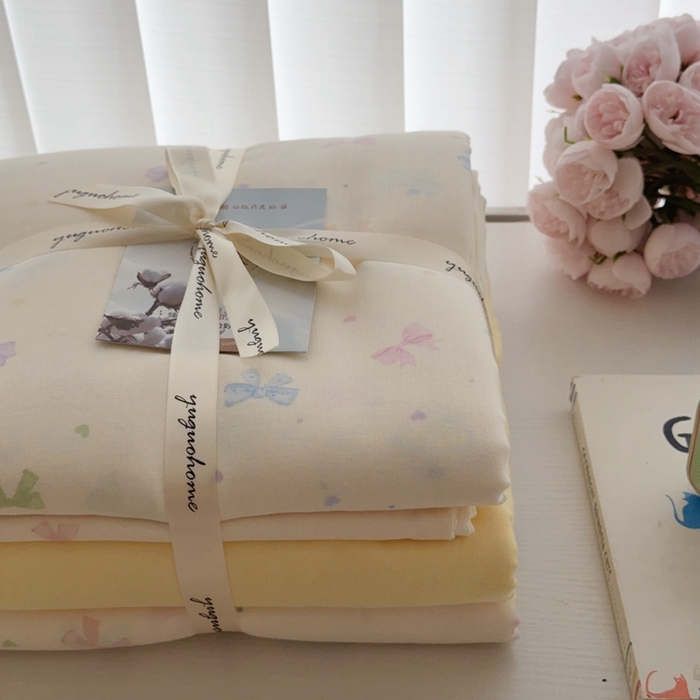 91家纺网 家纺一手货源 找家纺 于果 2025新款全棉双层纱四件套第五批 七彩蝴蝶结