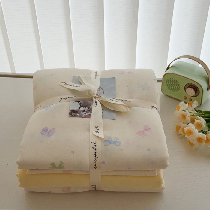 91家纺网 家纺一手货源 找家纺 于果 2025新款全棉双层纱四件套第五批 七彩蝴蝶结