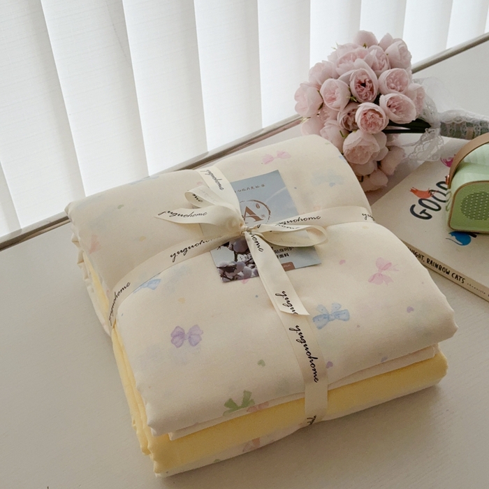 91家纺网 家纺一手货源 找家纺 于果 2025新款全棉双层纱四件套第五批 七彩蝴蝶结