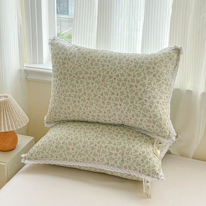 卓昌枕芯 2025新款全棉纯棉双层纱花边枕头全棉枕头枕芯 伊朵绿-全棉双层纱 48x74cm中枕/对