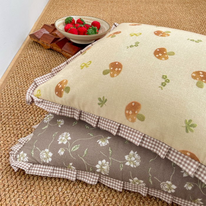 91家纺网 家纺一手货源 找家纺 卓昌枕芯 2025新款全棉纯棉双层纱花边可拆洗枕头双面可用荞麦枕羽丝绒枕头枕芯 磨菇林-全棉双层纱枕头 成人款40x60cm枕套加荞麦壳内胆