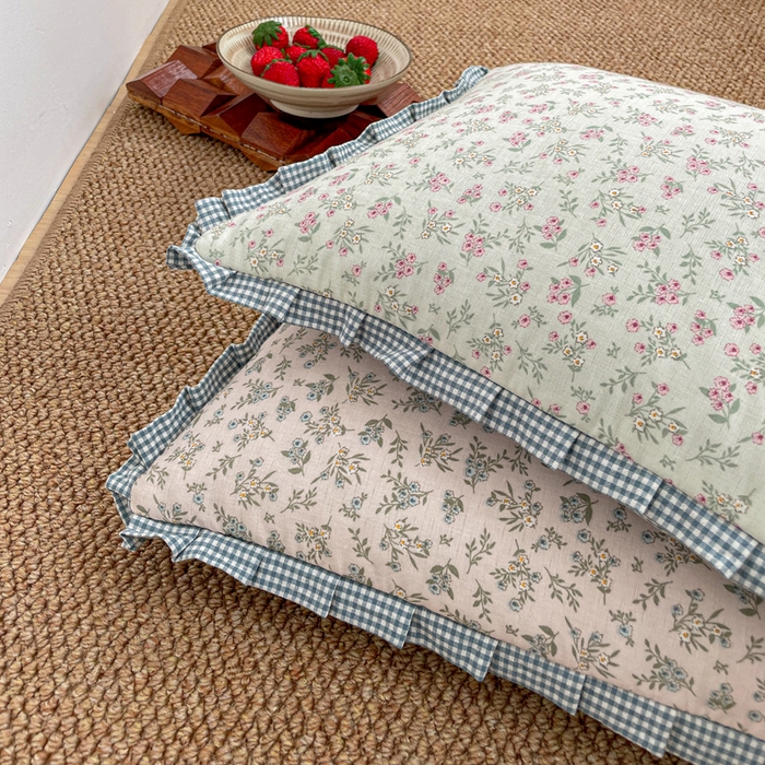 91家纺网 家纺一手货源 找家纺 卓昌枕芯 2025新款全棉纯棉双层纱花边可拆洗枕头双面可用荞麦枕羽丝绒枕头枕芯 伊朵绿-全棉双层纱枕头 儿童学生款30x50cm枕套加羽丝绒内胆