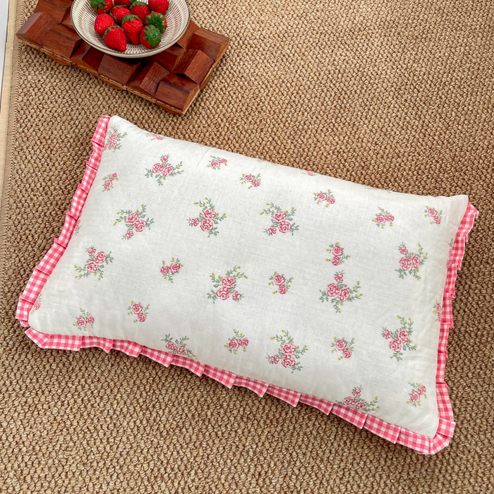 卓昌枕芯 2025新款全棉纯棉双层纱花边可拆洗枕头双面可用荞麦枕羽丝绒枕头枕芯 花漾-全棉双层纱枕头 成人款40x60cm枕套加羽丝绒内胆