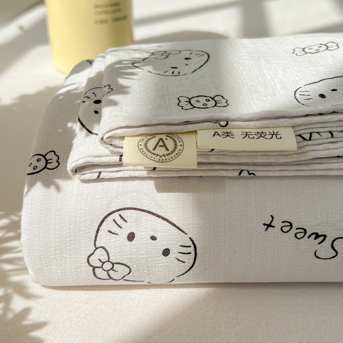 91家纺网 家纺一手货源 找家纺 韩巢家纺 2025新款云感提花双层纱床单被单枕套三件套 猫咪恋人